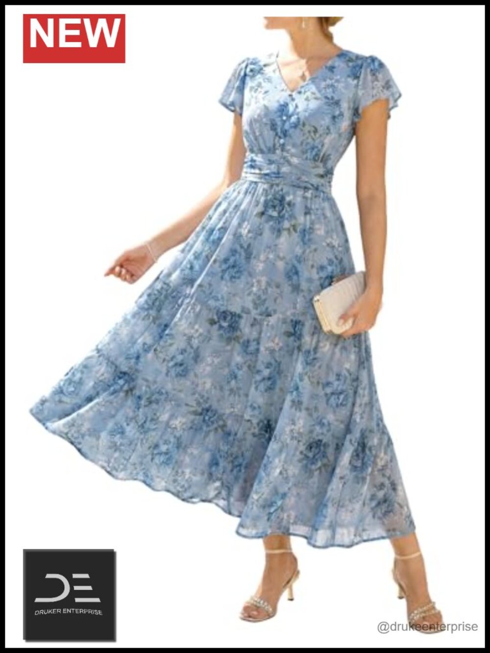 Women's Maxi Floral V-Neck Flutter Sleeve Wedding Guest Dress Ruffle